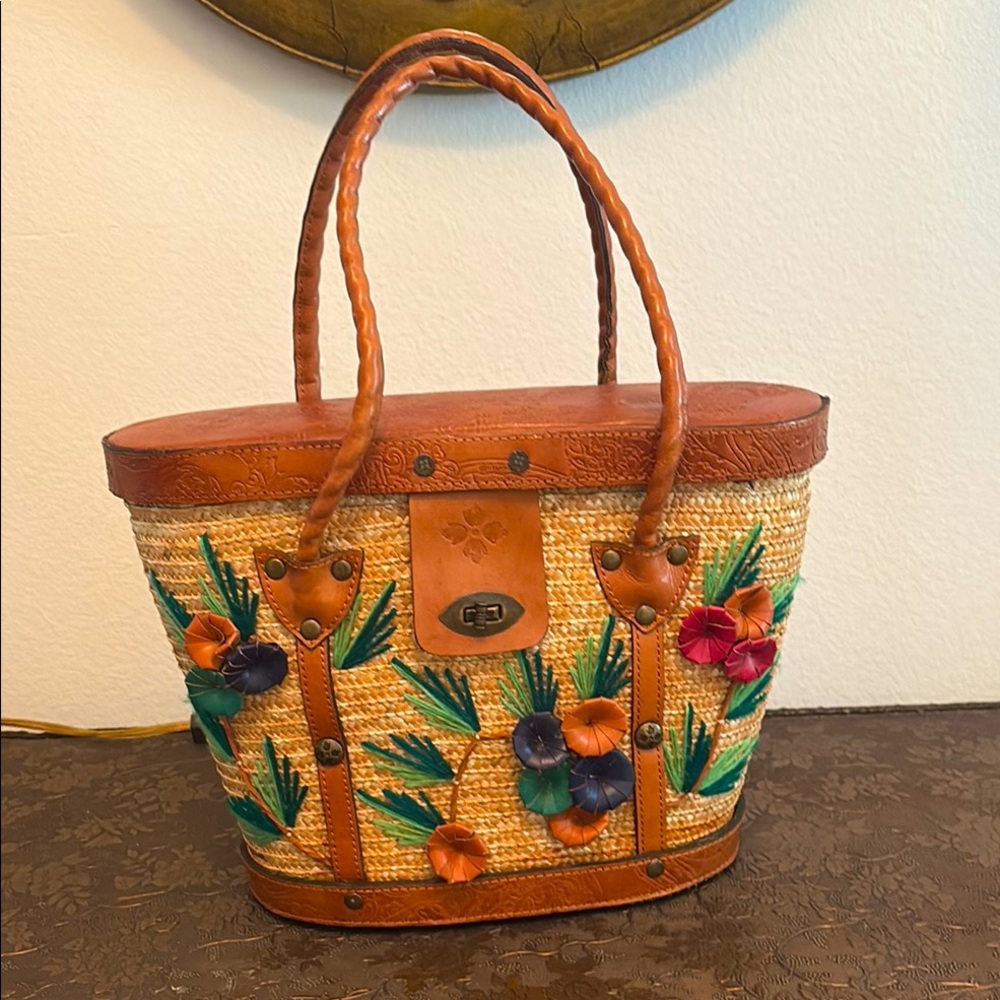 Patricia Nash vintage leather and straw Floral Woven Tote Bag